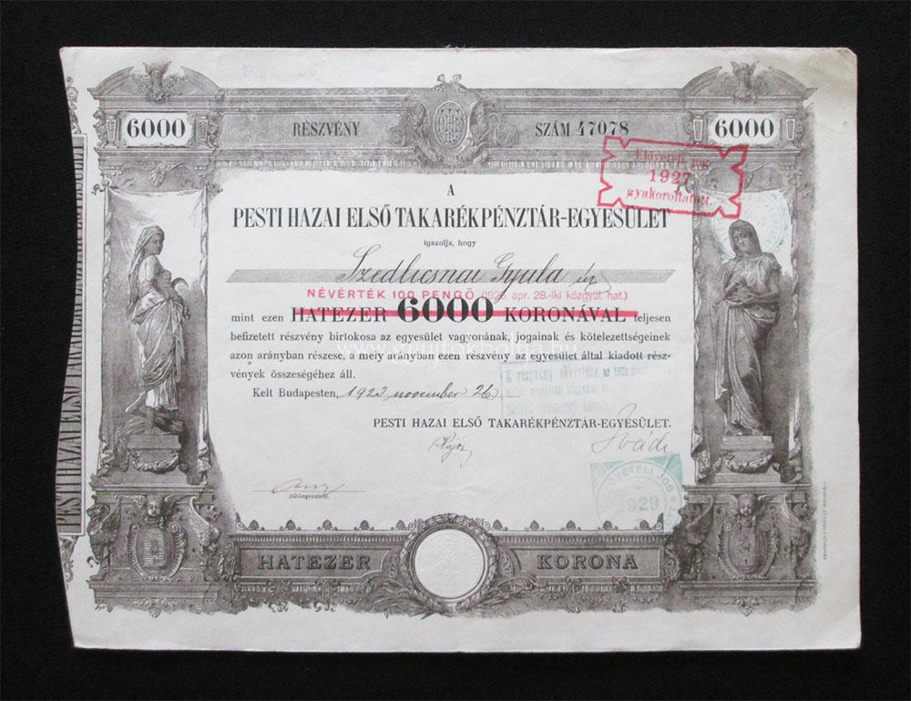 Pesti Hazai Első Takarékpénztár részvény 6000 korona 1920